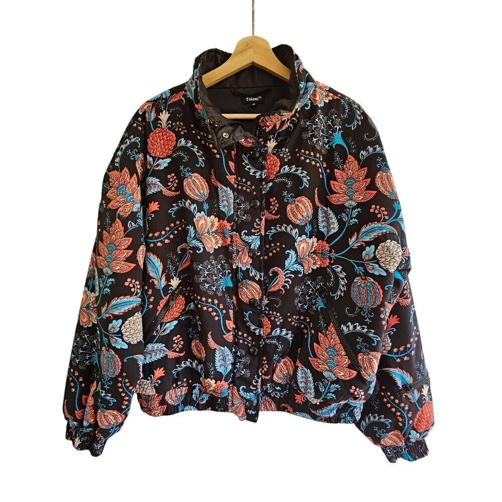 Tolani Black Floral Print Bomber Jacket Elastic Hem Boho Size M